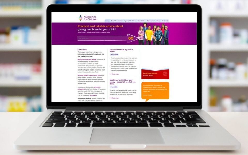 Image of the Medicines for Children website loaded on a laptop