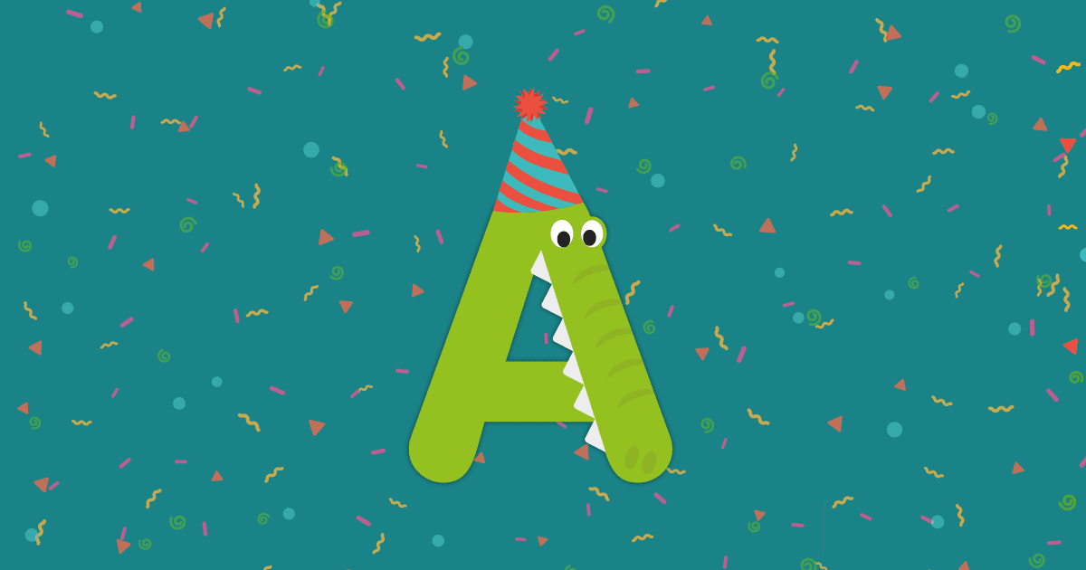 Albert the alligator on purple confetti background