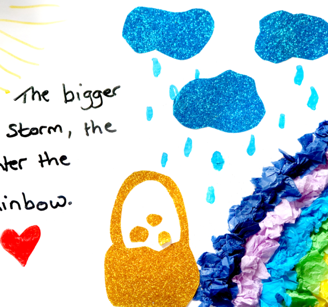 WellChild Postcard Design with sun, clouds, rain, rainbow, pot of gold and "the bigger the storm, the brighter the rainbow"