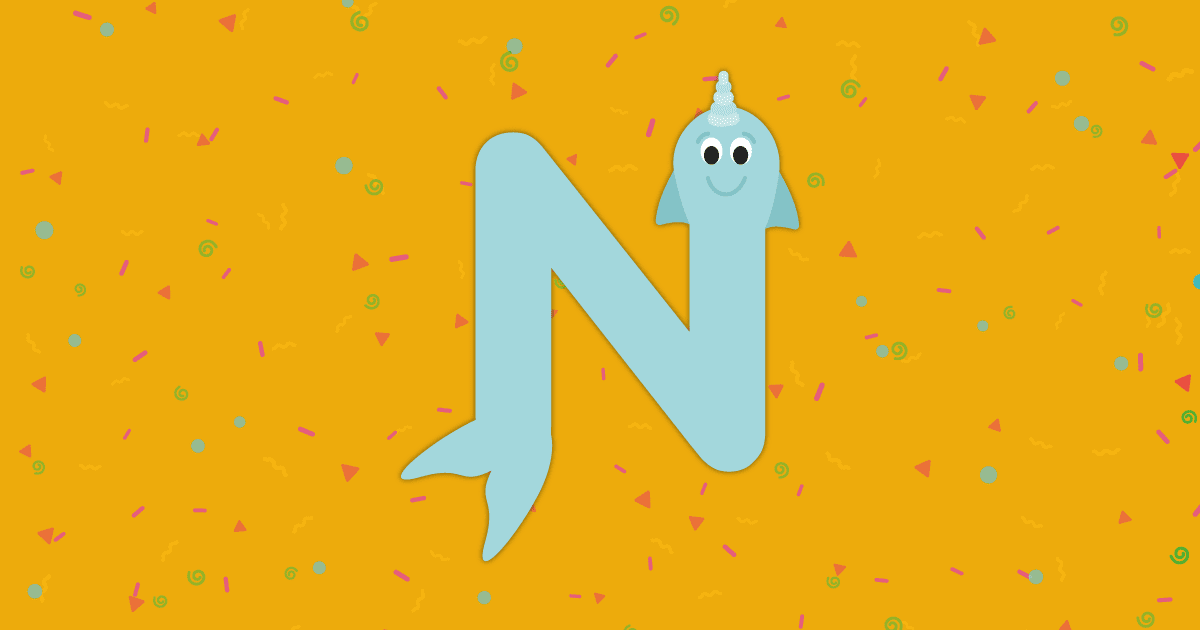 Noah the narwhal on a yellow confetti background