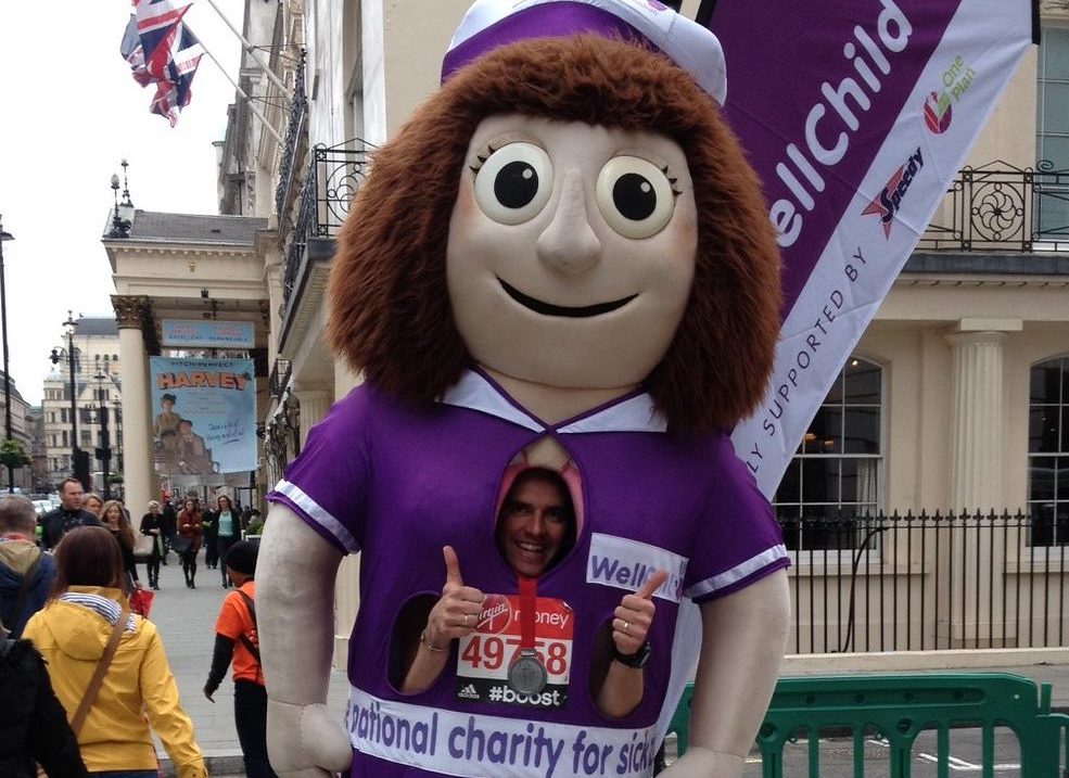 Ross wearing the Nessa the Nurse mascot at the London Marathon