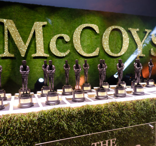 Photo of McCoy awards in front of McCoy logo