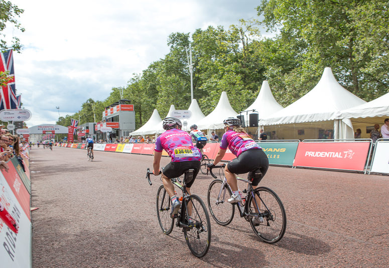 WellChild RideLondon cyclist heading towards the finish line