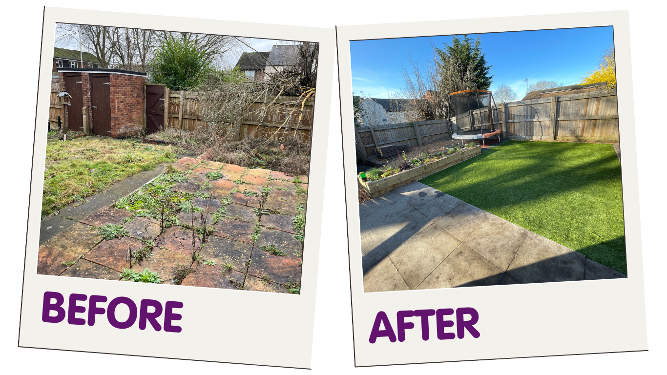 Before and after polaroid style images displaying the garden before work took place and after